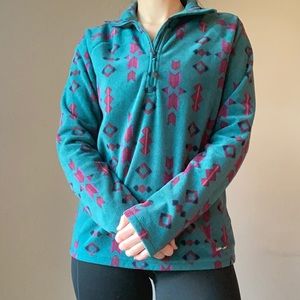 Eddie Bauer Teal + Purple Southwest Aztec Print Microfleece Quarter Zip Fleece